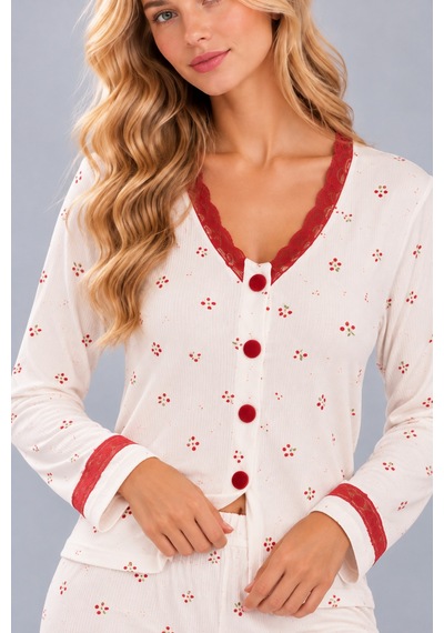 Pijamask Kadın Çiçek Ve Kelebek Desenli V Yaka Düğmeli Uzun Kollu Kaşkorse Pijama Takımı Beyaz-5 Pijamask Kadın Çiçek Ve Kelebek Desenli V Yaka Düğmeli Uzun Kollu Kaşkorse Pijama Takımı Beyaz-5