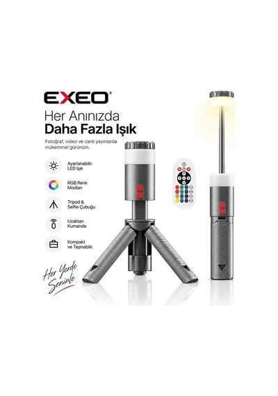 Exeo Şarjlı Kamp Feneri Teleskopik Lamba Rgb Led Işık Kumandalı 10000 Mah Powerbank Özellikli Gümüş