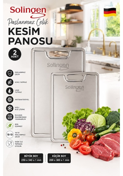 2'li Paslanmaz Çelik Kesme Tahtası Seti 23x34 Ve 20x30 Cm - Antibakteriyel Kesim Panosu Çok Renkli