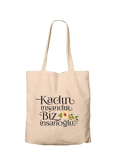 Kadın İnsandır Biz İnsanoğlu Fermuarlı Bez Çanta Gabardin Krem