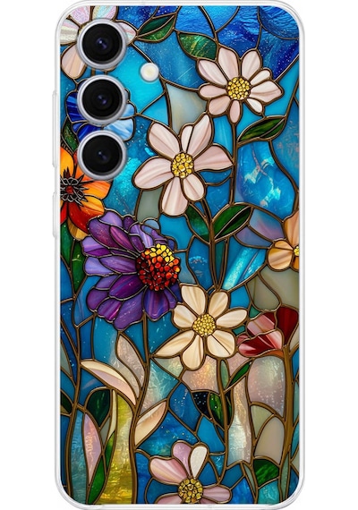Printify Samsung Galaxy S24 Plus İle Uyumlu Vitray Mavi Bahar Tasarımlı Şeffaf Silikon Kılıf Şeffaf