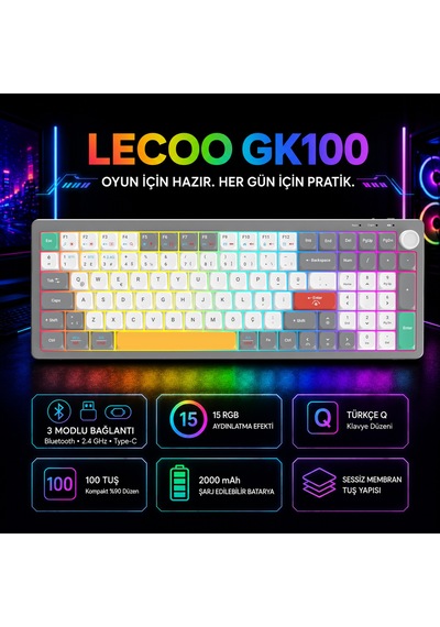 Lecoo GK100 3 Modlu Kablosuz RGB 100 Tuş Türkçe Q Membran 2000 mAh Gaming Oyuncu Klavyesi