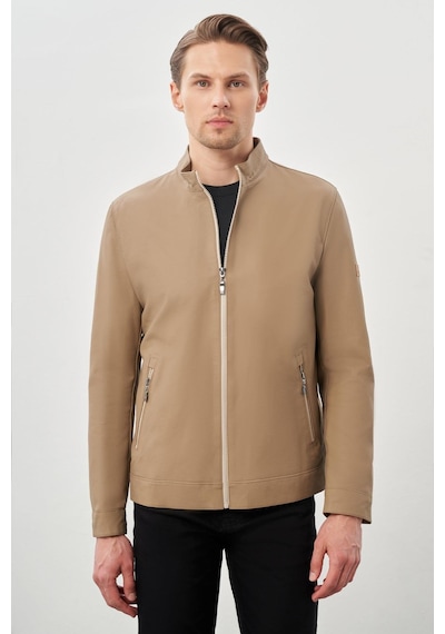 İmza Bej Suni Deri Hakim Yaka Düz Yırtmaçsız Tam Astar Slim Fit Casual Deri Mont 1038245152 Bej