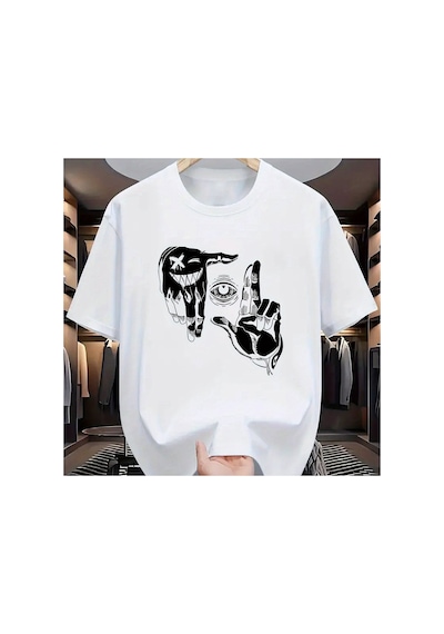 Caddemia Yaz  Rahat Gevşek Artı Boyutu Jest Göz Kişiselleştirilmiş Desen Baskılı Beyaz 2XL