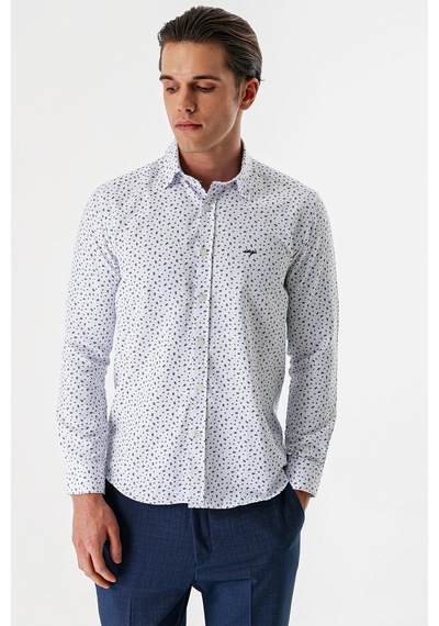 İmza Beyaz Uzun Kollu Baskılı Bez Ayağı Düğmeli Yaka Cepsiz Pamuklu Slim Fit Gömlek 1004235170 Duman Beyaz