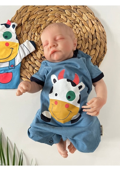 İnek Baskılı Soğuk Mavi Tulum Kukla Hediyeli Mavi