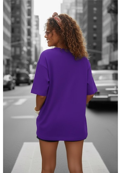Mily Kadın Oversize Basic Bisiklet Yaka Pamuklu T-shirt Rahat Kesim Unisex Sevgili Kombini Mor
