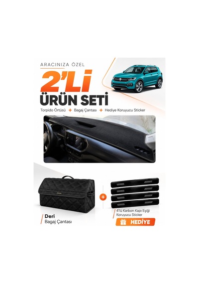 Volkswagen T-cross 2021-2023 Uyumlu Torpido Örtüsü + Deri Bagaj Çantası + Sticker Seti - Siyah