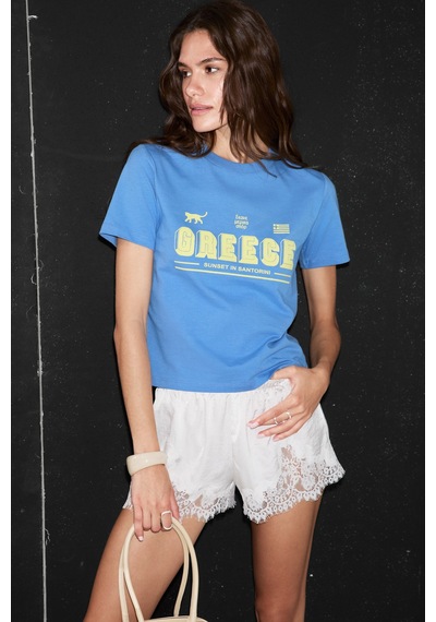 ETHIQUET Ethıquet Algher Kadın Baskı Desenli Kısa Kollu Organik Pamuklu Bisiklet Yaka Crop Mavi T-shirt