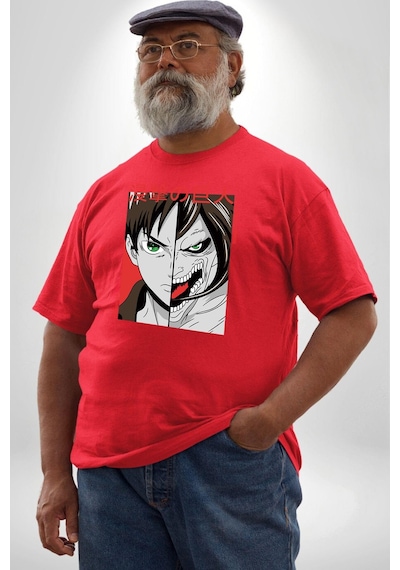 Angemiel Anime Titan Saldırısı Kırmızı Büyük Beden Erkek Kadın Unisex Basic Ön Baskılı Tişört Kırmızı