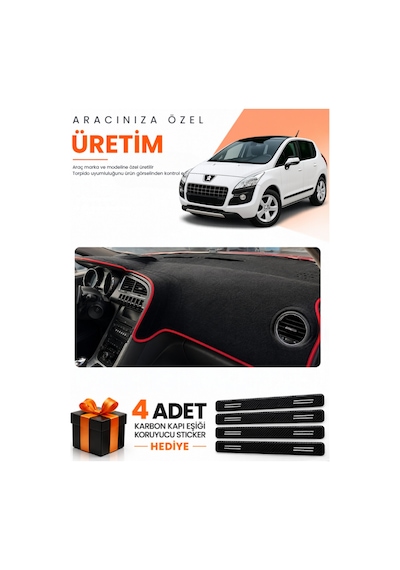Peugeot 3008 Ekransız 2010-2015 Uyumlu Torpido Koruma Örtüsü Oto Kılıfı - Siyah Kırmızı