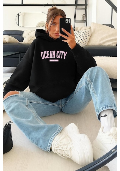 Benroma 3 İplik Penye Ocean Cıty Baskılı Sweatshırt SIYAH