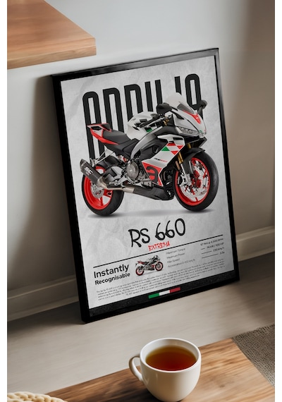 Aprilia Rs 660 Extrema Siyah Ahşap Çerçeveli Poster, Dekoratif Motosiklet Duvar Tablosu Çok Renkli