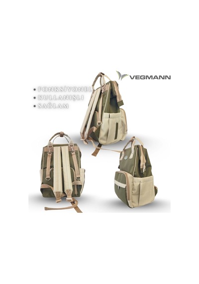 Vegmann Tender Impertex Kumaş Anne Bebek Bakım Sırt Çantası Biberon Termos Gözlü Haki-bej Haki-bej Bej - Haki