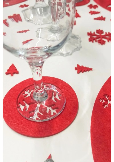 Kırmızı Kar Tanesi Desenli Bardak Altlığı Seti 6 Adet Yılbaşı, 3mm Keçe Kırmızı