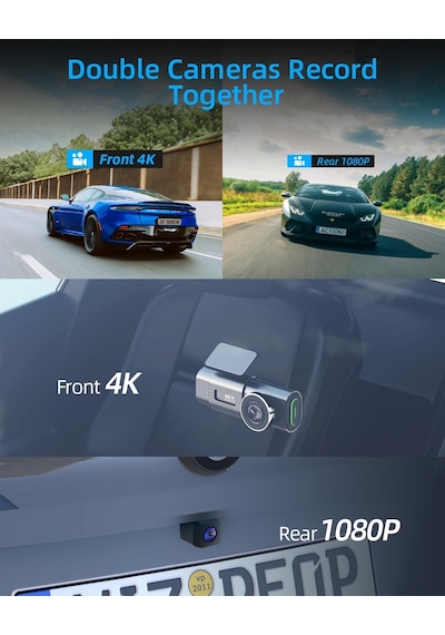 Wifi Dashcam Araç Ön Arka, 4k+1080p, Araç Kamerası, 64g Sd Kartlı Uygulama Kontrolü Araç Kamera