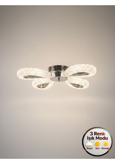 Damla Model 4"lü Gümüş 3 Renk Modu Ledli Modern Tavana Sıfır Salon Mutfak Yatak Odası Led Avize Gümüş