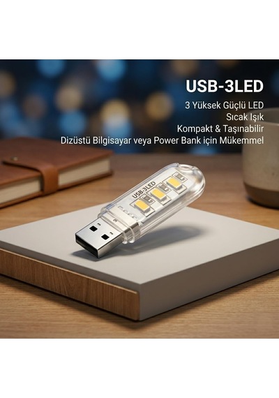 Mini Usb Led, Flash Bellek Görünümlü, Taşınabilir, 3 Led Beyaz Işık, Portatif Gece Lambası