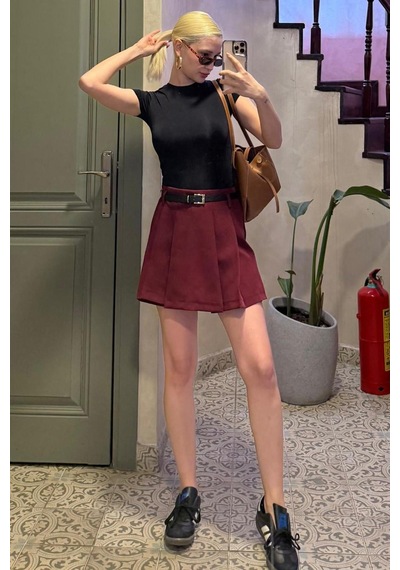 Madmext Bordo Pileli Kadın Mini Şort Etek Mg2402 Bordo