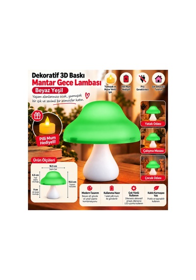 Dekoratif 3d Baskı Mantar Gece Lambası - Pilli Mum Hediyeli - Yeşil Beyaz