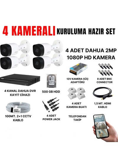 4 Kameralı Güvenlik Kamerası Seti-cepten İzleme-fullhd-gece Görüşlü-su Geçirmez