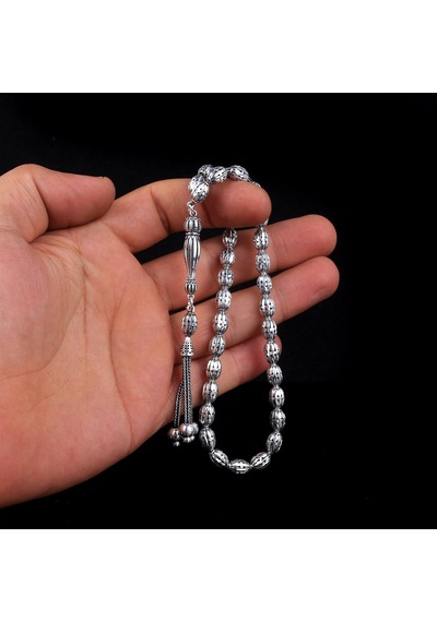 Tamamı 925 Ayar Gümüş Kalem İşleme Model Tesbih