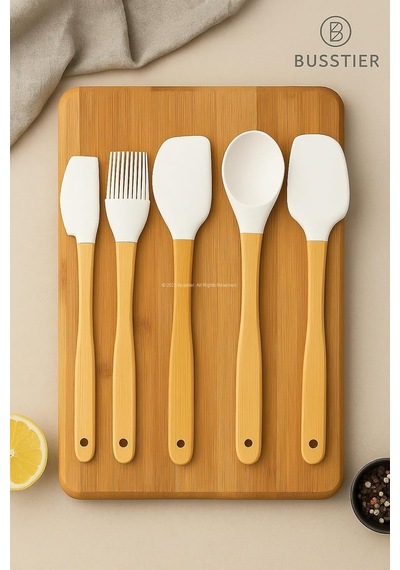 Tr 5'li Silikon Spatula Seti Bambu Saplı Mutfak Gereçleri Isıya Dayanıklı Yapışmaz Hamur Karıştırıcı Pasta F Diğer