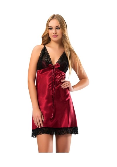 Sistina Bayan Siyah Dantelli Bordo Saten Kısa Gecelik M-348 Bordo