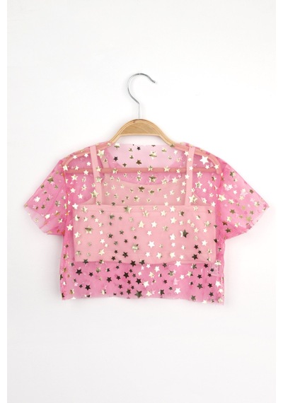 Le Mabelle Pembe Yıldız Baskılı Kısa Kollu Kız Çocuk Tül Crop Pembe