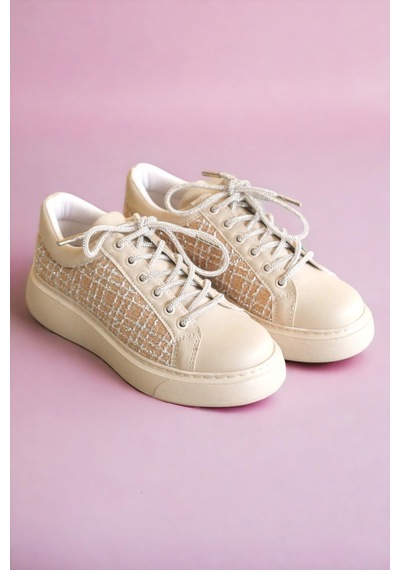 Cilt-Tekstil Garnili Sneakers Bej-Bej