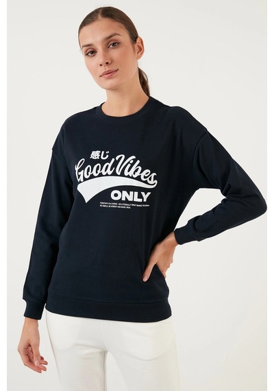 Fashion Frends Pamuklu Baskılı Bisiklet Yaka Sweatshirt 22k0840k1 Lacivert