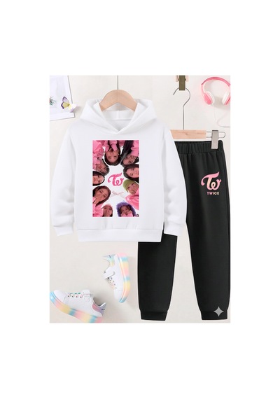 Stil X Twıce Baskılı Sweatshırt Takım / K Pop Beyaz-3