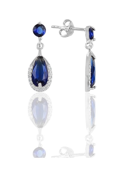 Gümüş Rodyumlu Safir Taşlı Damla Modeli Kolye Ve Küpe İkili Set
