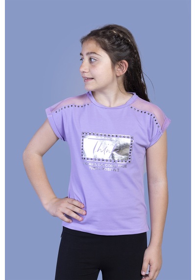 Toontoy Kids Toontoy Kız Çocuk Omuzu Tül Detaylı Varak Baskılı Tişört Lila