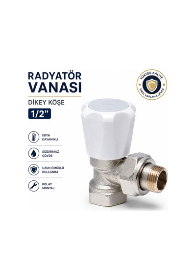 Pirinç Radyatör Vanası Dikey Köşe 1/2 İnç Beyaz Başlıklı Kalorifer Petek Vanası 1 Adet