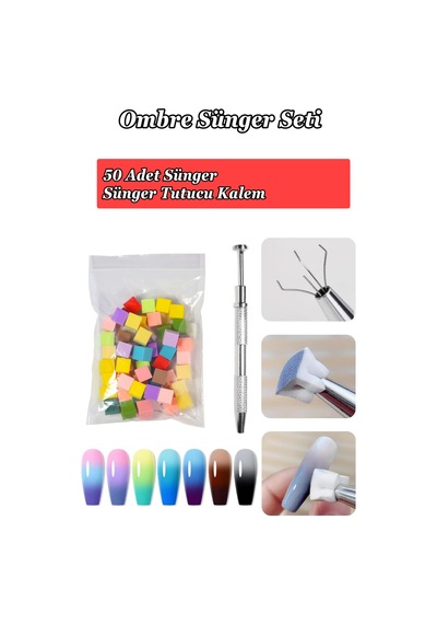 Nail Art Ombre Sünger Ve Tutucu Kalem Seti 50 Adet Sünger Ve Ombre Süngeri Çok Renkli