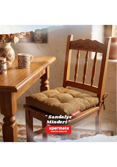 Pofuduk Sandalye Minderi Bağcıklı 40x40 Cm Yıkanabilir Dekoratif Mutfak Bahçe Piknik Minderi Kahverengi