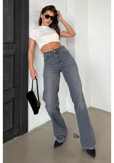 Madmext Gri Yüksek Bel Kadın Wide Leg Pantolon Mg2388 Gri