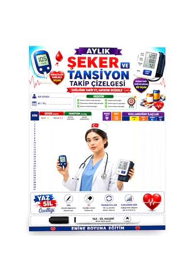 Şeker Ve Tansiyon Takip Çizelgesi Yaz-sil Defteri Çok Renkli