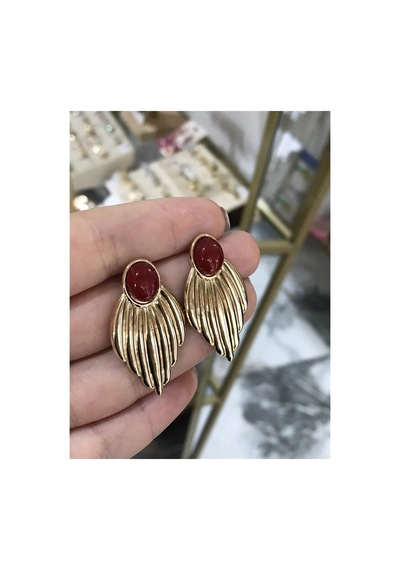 Bordo Boncuk Detaylı Gold Küpe Altın