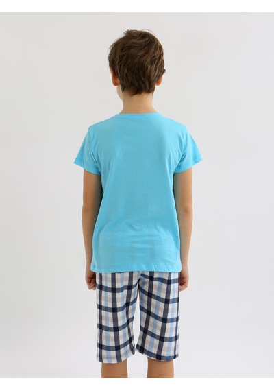 Vitmo Erkek Çocuk Kısa Kollu Kapri %100 Pamuklu Pijama Takımı Hello Weekend Turkuaz