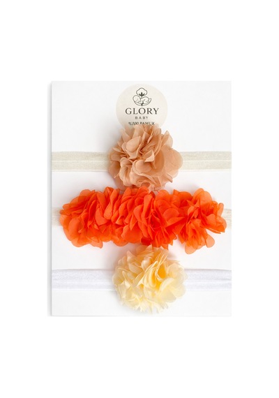 3'lü Bebek Bandana Seti Çiçek Turuncu - Camel - Krem Turuncu - Camel - Krem