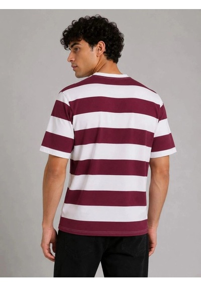 Freedom Store Erkek Çizgili Oversize Tişört Bisiklet Yaka Kısa Kol Yazlık T-shirt - Bordo