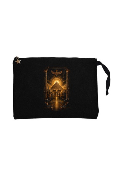 Mısır Piramit Tapınağı Siyah Clutch Astarlı Cüzdan / El Çantası