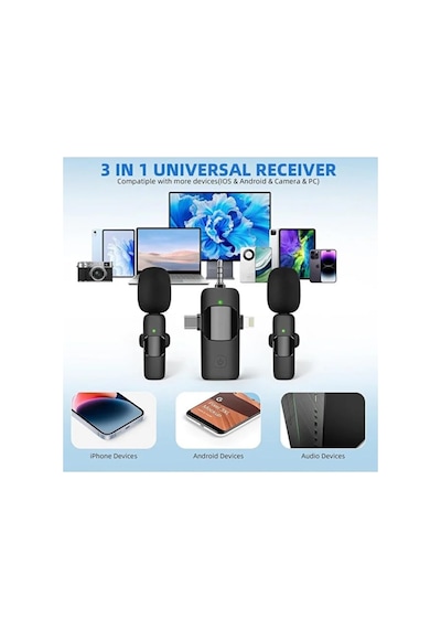 K15 Yaka Mikrofonu 2 Li Kablosuz Yaka Mikrofonu İos, Android,3.5mm Jack Lightning Girişli Kamera, Usb-c , Video Kaydı, Vloglama, Youtube Uyumlu