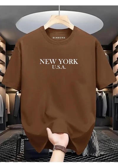 New York Usa Baskılı Oversize Tişört Kahverengi
