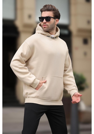 Madmext Bej Kapüşonlu Nakış Detaylı Sweatshirt 7099 Bej