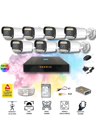 7 Kameralı Set - Yapay Zeka Özellikli Gece Renkli Gösteren 5mp Sony Lensli 12 Warm Ledli Fullhd Güvenlik Kamerası Seti 312w-9008