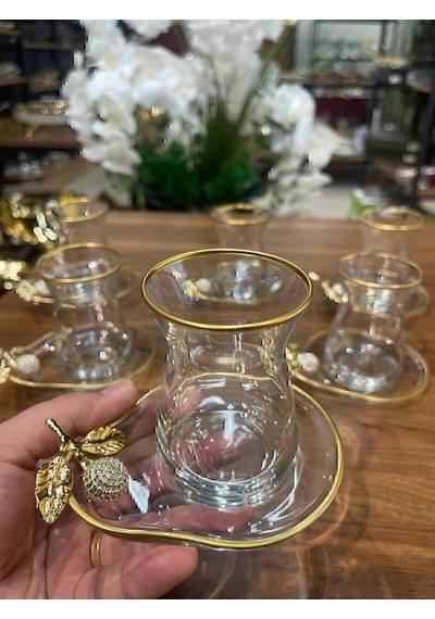 Alfafe Home Özel Seri 6'lı Çay Seti , Çay Takımı , Hediyelik , Çeyizlik Şeffaf Altın