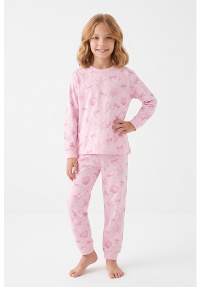 Bunny Hopp Kız Çocuk Pembe Deniz Kabuğu Ve Kurdele Desenli Uzun Kollu Pijama Takımı %100 Pamuk Süprem